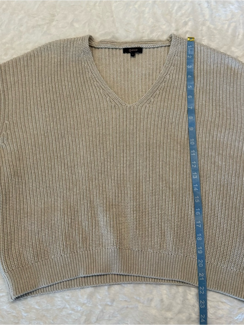 Quince Fisherman V-Neck Sweater 100% Organic Cotton in Speckled Beige Size Large - Picture 15 of 15